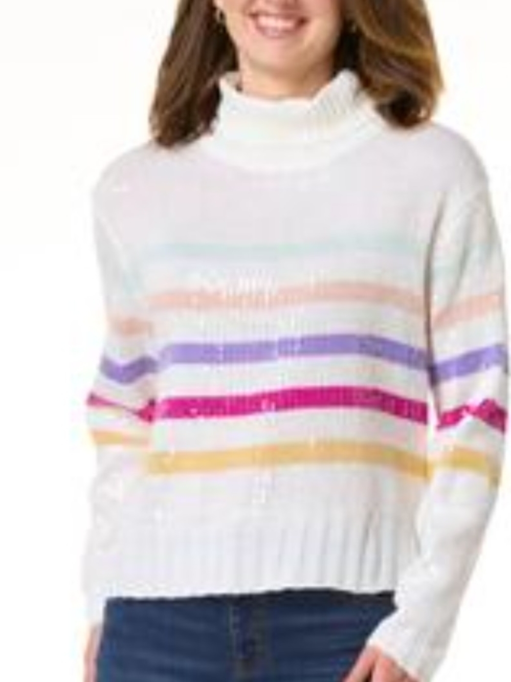 Cato White Turtleneck Sweater with Pastel & Bright Stripes Bling Sequins